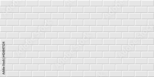 White metro tiles seamless background. Subway brick horizontal pattern for kitchen, bathroom or outdoor architecture vector illustration. Glossy building interior design tiled material