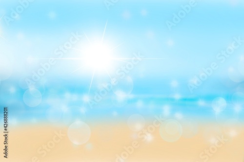 Illustration von traumhafter, tropischer Strand mit Palmen, Strandsand, blaues Wasser, Glitzer und Sunflares