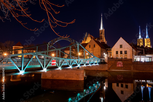 Wroclaw Poland - nightshot of the historic part of the old town "Ostrow Tumski" 