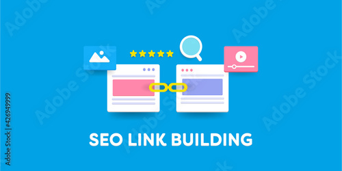 3d illustration of SEO link building, Content marketing strategy, web banner template.