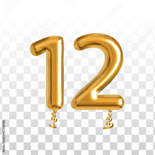 Vector realistic isolated golden balloon number of 12 for invitation decoration on the transparent background.