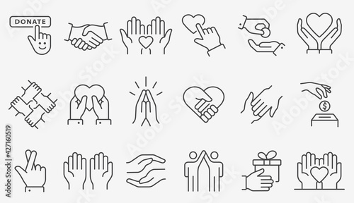 Charity line icon set. Collection of donate, volunteer, help, solidarity and more. Editable stroke.