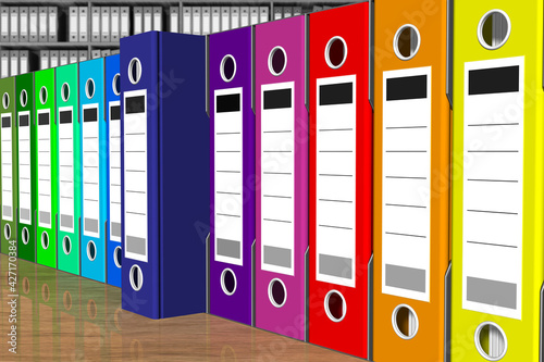 Serie di raccoglitori cartelle di vari colori per la classificazione dei documenti. Database..