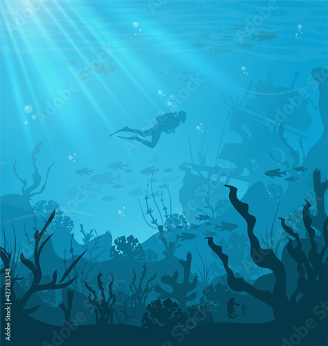 Underwater Background with Fishes, Sea plants and Coral Reefs.