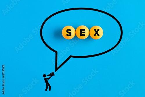 Megaphone man icon shouts the word sex written in a speech bubble. Sex desire, problems or lust