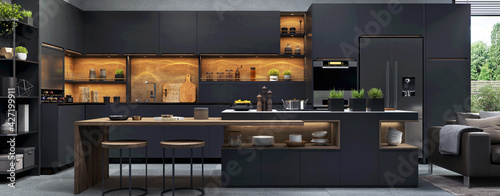 Beautiful open plan matte black kitchen and kitchen island with dining area