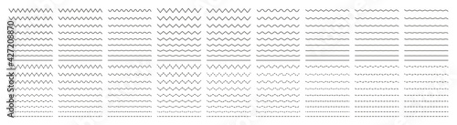 Zigzag wave. Wavy line. Undulate zigzag. Curve and squiggle line. Wiggly pattern for divider, sine and border. Serrated pattern with different amplitude. Parallel graphic zig zag. Vector
