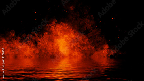 Fire on isolated background. Perfect explosion effect for decoration and covering on black background. Concept burn flame and light texture overlays. Reflection in water.