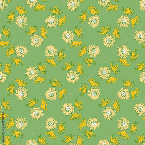 Chrysanthemum flowers drawing, bloom in yellow colors, floral seamless pattern, nature abstract background vector. Line art botanical illustration graphic design print, fabric. Trendy green wallpaper