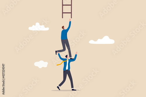Support or mentor to achieve business success, teamwork collaboration or partnership help to reach target concept, businessman coworker support his colleague reaching to climb ladder of success.