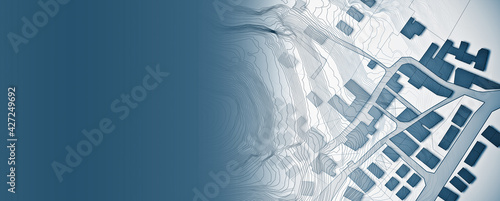 Imaginary cadastral map of territory with buildings, roads and land parcel - concept illustration with copy space on colored background