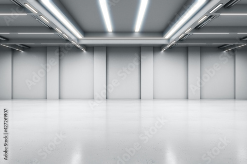 Industrial design project empty hall with led lights on top, grey walls and glossy concrete floor. 3D rendering, mock up