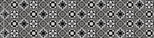 Seamless black white vintage retro geometric square mosaic flower leaf ornate motif cement tiles wall texture background banner panorama