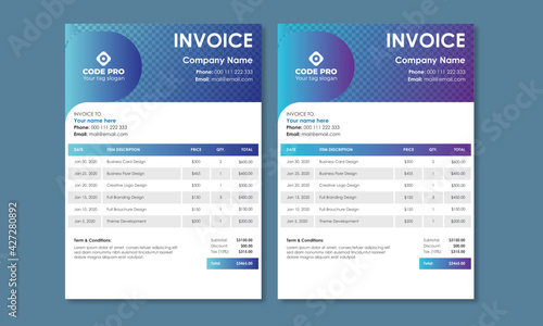 Money bills or price invoices and payment agreement design templates, Print Template, Creative invoice Template in A4