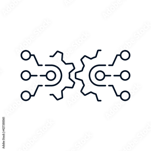 Gear halves, lines, circles. Concept of electronic, technological compatibility of equipment, workflow. Vector icon isolated on white background. 