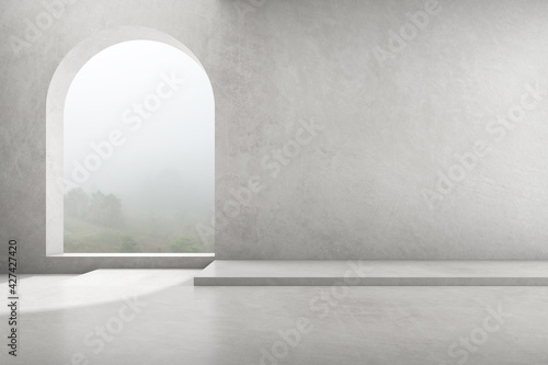 3d render of empty concrete room with large arch window on nature background, Empty space for product presentation.