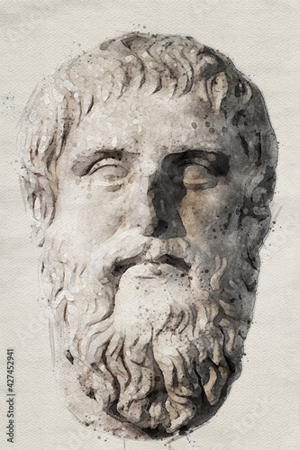 Bust of Plato. Redrawing with a watercolor.