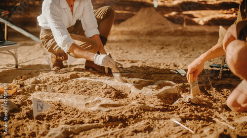 Archaeological Digging Site: Two Great Paleontologists Cleaning Newly Discovered of Dinosaur. Archeologists on Excavation Site Discover Fossil Remains of New Species Skeleton. Close-up Focus on Hands