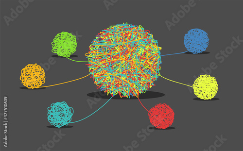 Psychotherapy concept. Abstract metaphor of problem solving or difficult situation. Color tangle tangled and unraveled. Disentangling psychological disorders. Vector illustration.