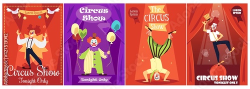 Circus show invitation posters collection with clowns flat vector illustration.