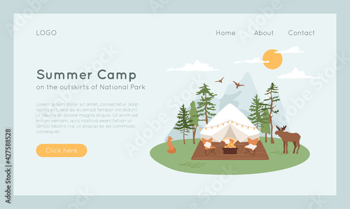 Concept of summer camp, glamping in forest. Bell tent with terrace, fire pit and lounge chairs. Wild animals fox and moose walking in parkland. Vacation, weekend recreation banner. Luxury patio