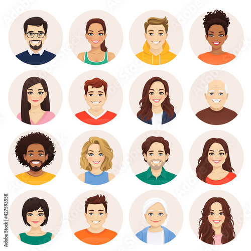 Smiling people avatar set. Different men and women characters collection. Isolated vector illustration.