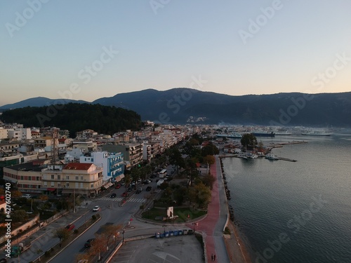 Aerial shot igoumenitsa city in evening . greece, epirus