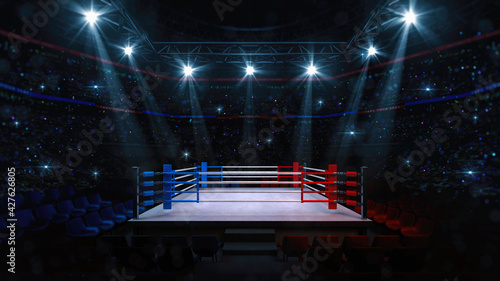 Boxing fight ring. Interior upper view of sport arena with fans and shining spotlights. Digital sport 3D illustration. 