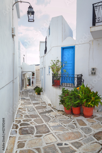 Beautiful alley with whitewashed houses at the traditional village of Lefkes, in Paros island, Cyclades islands, Greece, Europe.