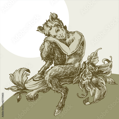 Brooding Faun,engraved in the Baroque style.