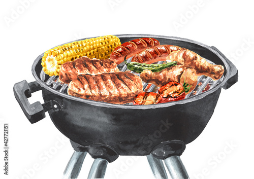 Assorted grilled meat with vegetables on barbecue grill . Watercolor hand drawn illustration, isolated on white background