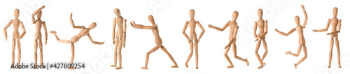Collage of wooden mannequins in different positions on white background