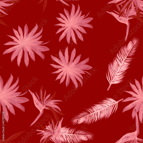 Ruby Pattern Texture. Coral Seamless Art. Red Tropical Texture. Scarlet Isolated Art. Pink Drawing Palm. Watercolor Leaves. Decoration Textile.
