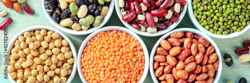 Pulses panorama. Many different legumes, shot from above