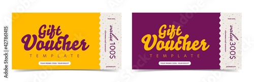 Gift voucher ticket card with different monetary value. Discount coupon template with money reward. Financial present certificate mockup with tear-off vector design and place for brad name