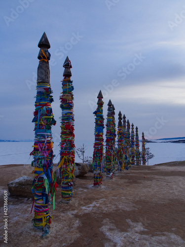 a sacred place for believers in shamanism: serge pillars on the shore of Lake Baikal. Olkhon Island Siberia Russia