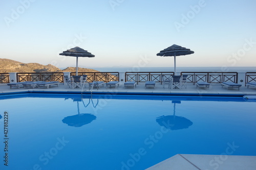 Beautiful view on the aegean sea from a swimming pool in Ios cyclades Greece 
