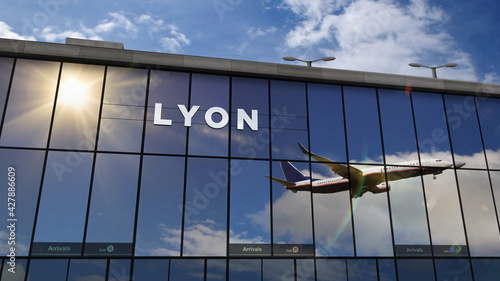 Airplane landing at Lyon France airport mirrored in terminal