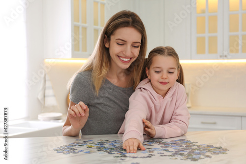 Woman and his little daughter playing with puzzles at home