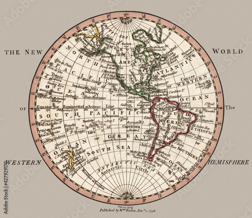 New World Western Hemisphere Map 1798. Beautifully detailed restored reproduction map done by famed cartographer William Faden. It was issued in 1804 and was created in 1798.