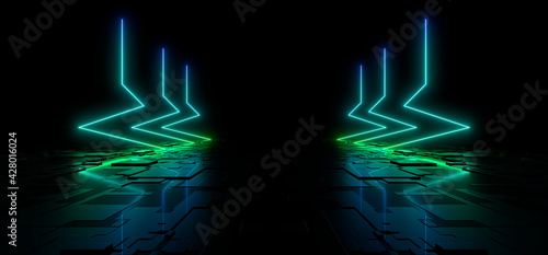 Sci Fy neon lamps in a dark hall. Reflections on the floor and walls. 3d rendering image.