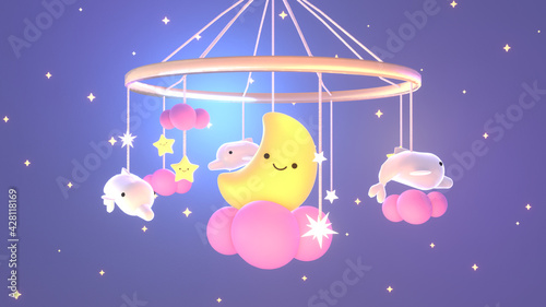 Cartoon baby crib toy. Smiling moon, dolphin, stars, and pink clouds in the night sky. Good night and sleep tight lullaby theme. 3d rendering picture.