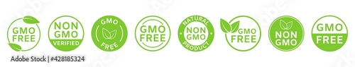 Non GMO labels. GMO free icons. Healthy organic food concept. No GMO design elements for tags, product packag, food symbol, emblems, stickers. Eco, vegan, bio. Vector illustration