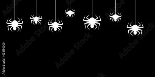 Hanging white spiders on black background. Template, banner, frame, mock up. Vector illustration with space for text for cover, decoration, invitation card, web.