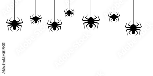 Hanging spiders on white background. Template, banner, frame, mock up. Vector illustration with space for text for cover, decoration, invitation card, web.