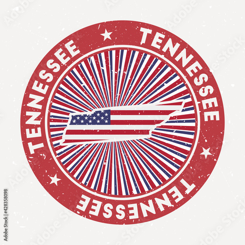 Tennessee round stamp. Logo of us state with flag. Vintage badge with circular text and stars, vector illustration.