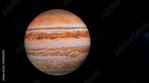 Jupiter planet 3D render illustration, high detailed surface features, jupiter globe scientific background with stars in the background.