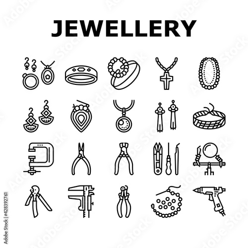 Handmade Jewellery Collection Icons Set Vector. Baubles And Chains, Bijouterie And Bracelets, Rings And Earrings Jewellery, Tool For Make Accessories Black Contour Illustrations