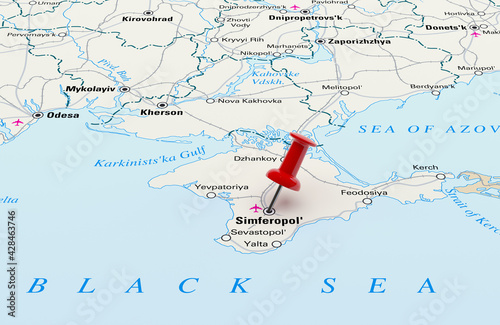 Map showing Sevastopol, Ukraine with a Red Pin. 3D Rendering