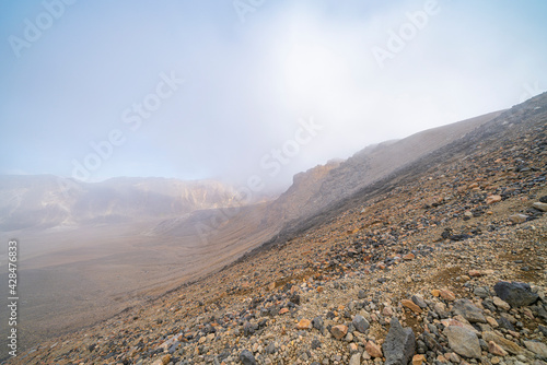 Slopes, light and shade on hillsides of mountains along Tongariro Alpine Walk